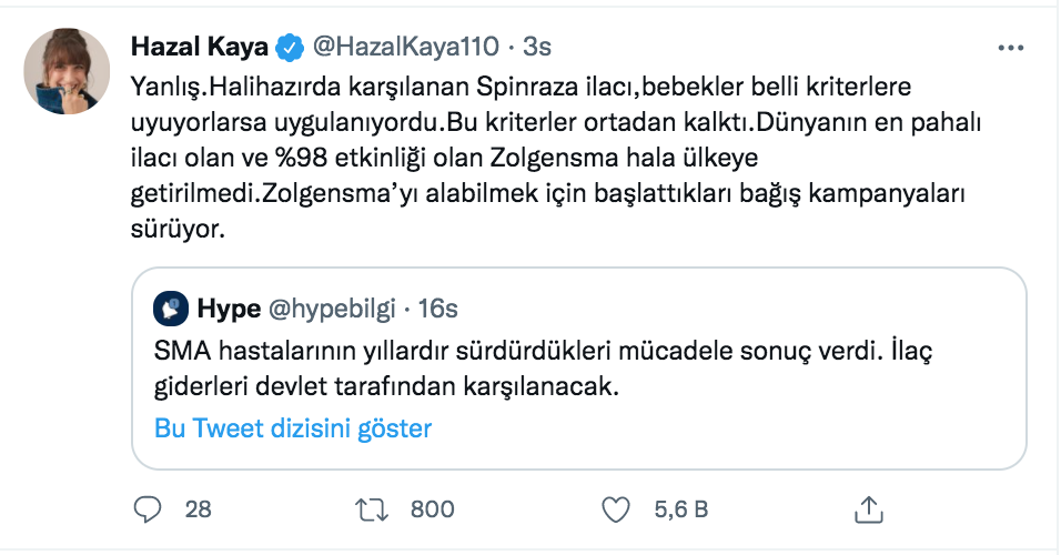 hazal kaya sma hastalarinin ilac masraflari devlet tarafindan karsilanacak haberine karsi cikti